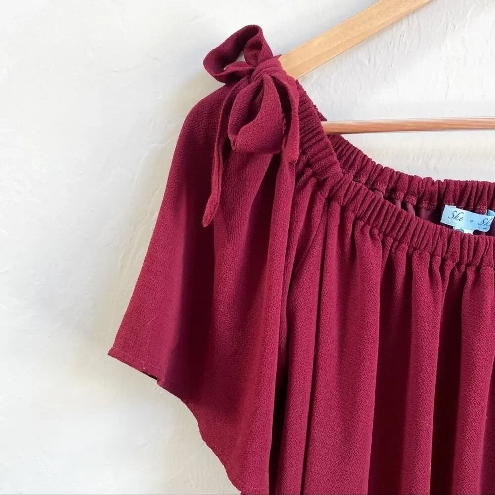 She + Sky Silk Maroon‎ Off The Shoulder Tie Dress